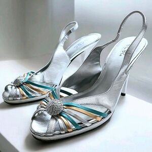 BCBG Paris Silver Metallic Leather Slingback Heels Pumps Size 9B US 39 EURO